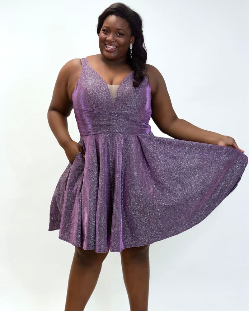 Front of a model wearing a size 18 All That Shimmers Party Dress in Purple by Sydney's Closet. | dia_product_style_image_id:285782